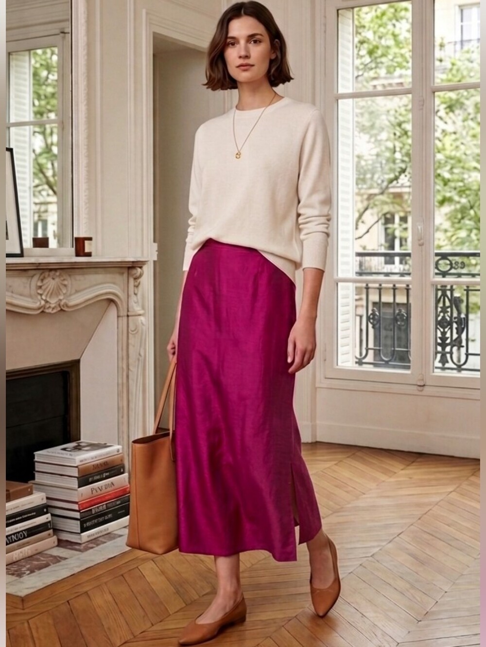 Vintage 90s Eileen Fisher Fuschia Silk Linen Pencil Midi Skirt Small NWT Luxury